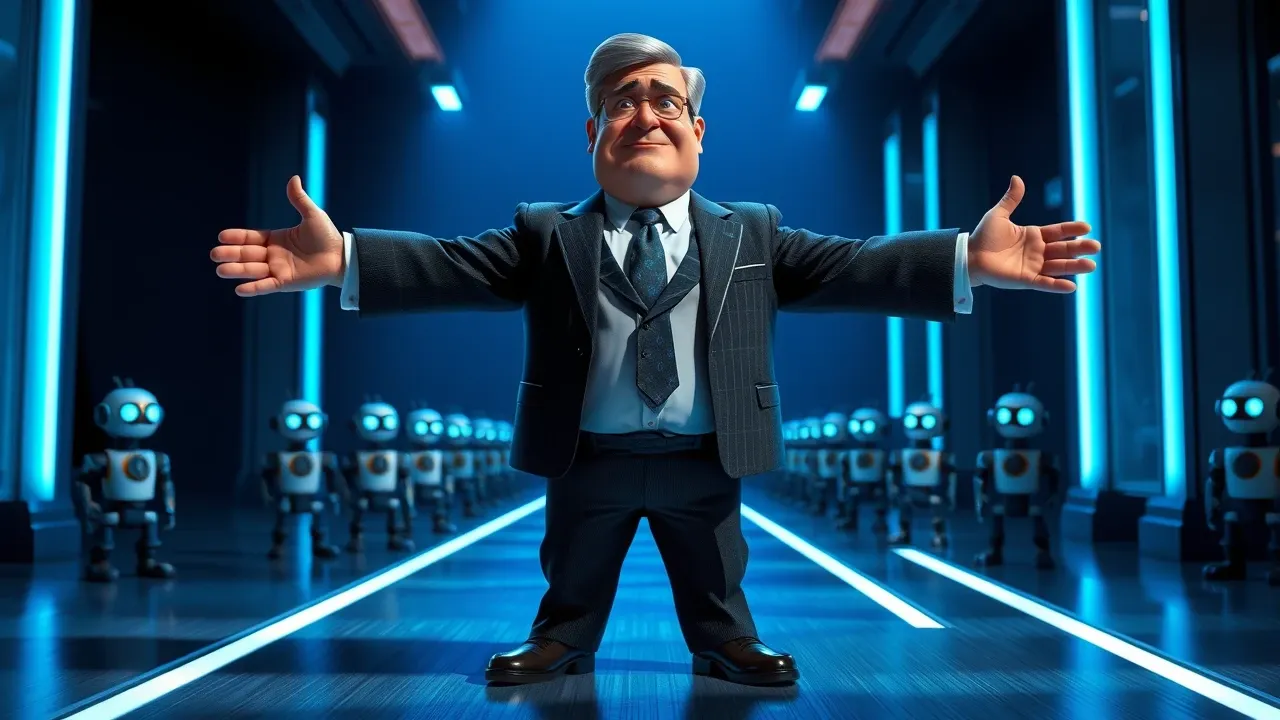 Personagem governamental Pixar 3D segurando documento oficial enquanto robôs de IA aguardam em fila