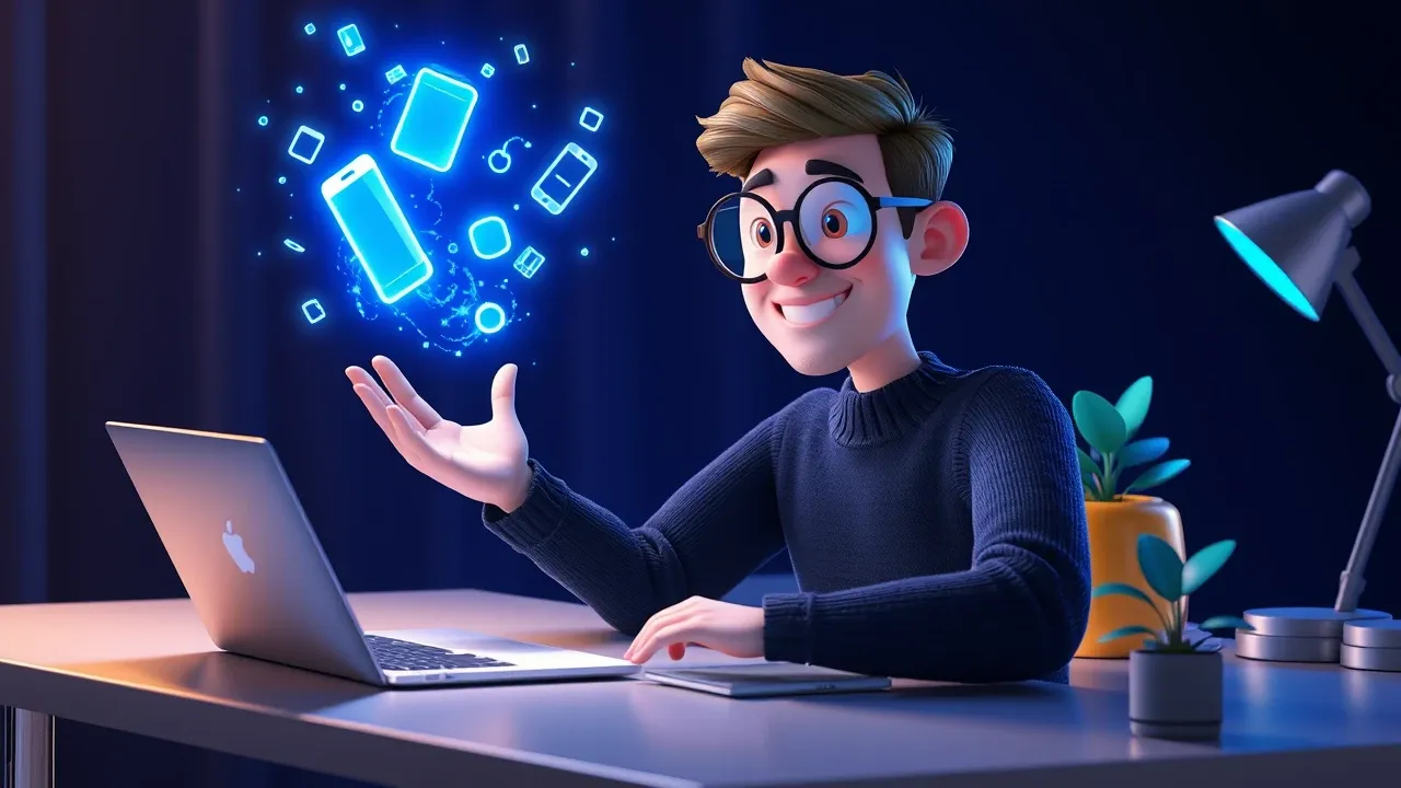 Ilustração Pixar 3D de uma pessoa comum sentada em frente a um laptop, com componentes de aplicativo flutuando ao redor como partículas brilhantes em azul elétrico