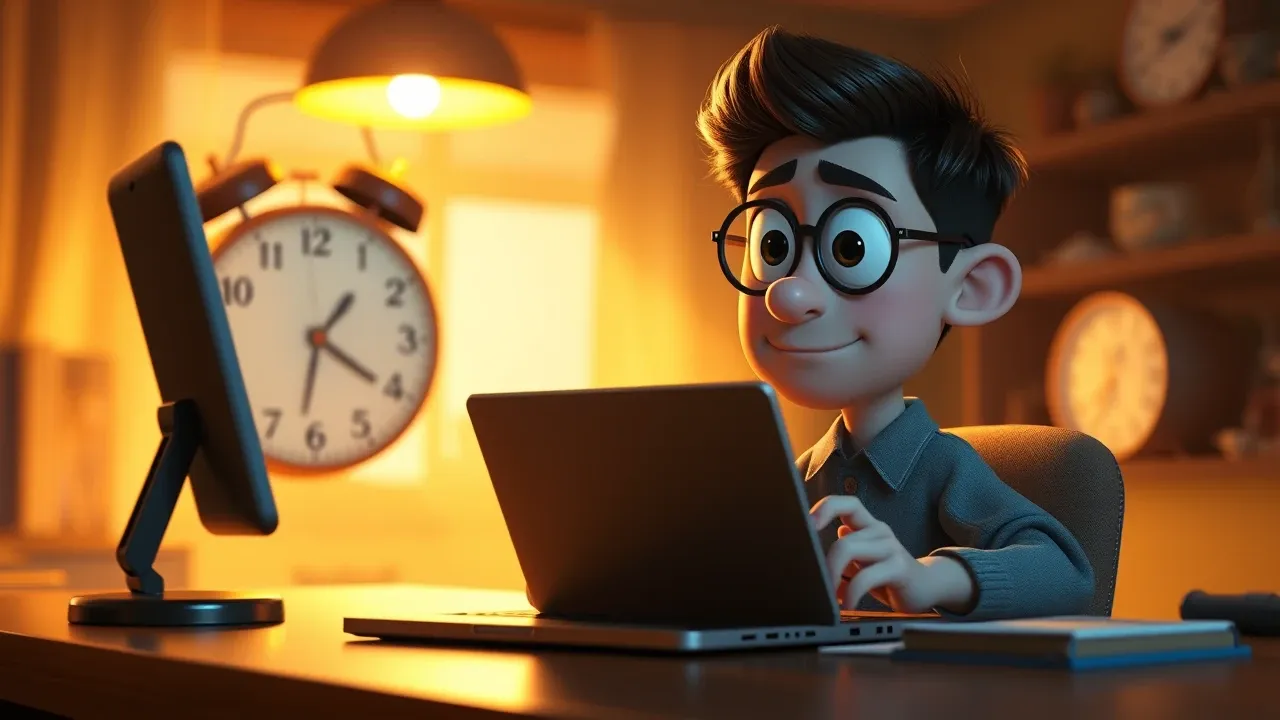 Personagem criativo em mesa de trabalho com laptop exibindo interface de app, relógio marcando manhã ao fundo, estilo editorial 3D Pixar