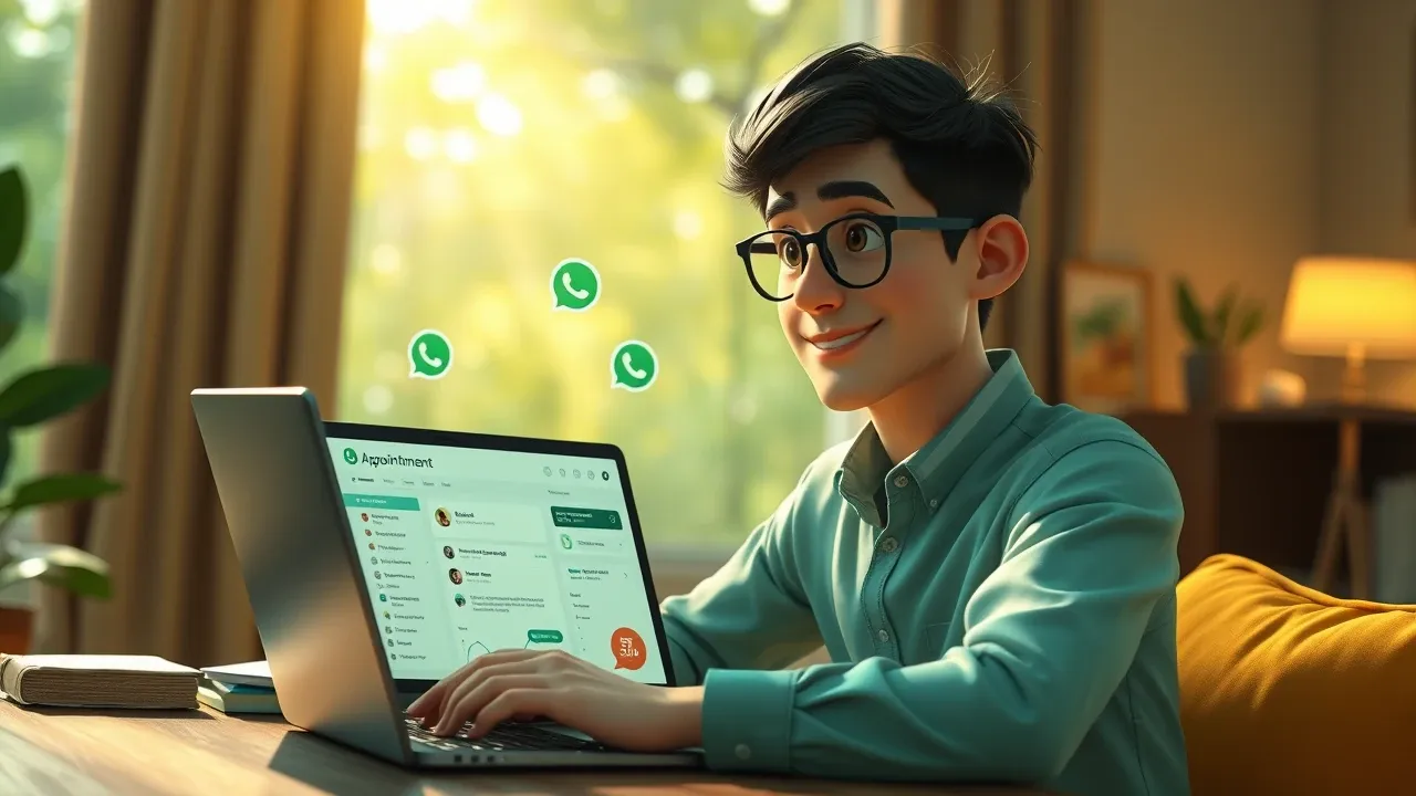 Empreendedor confiante com laptop aberto mostrando dashboard de agendamentos automatizados com WhatsApp, paleta verde esmeralda