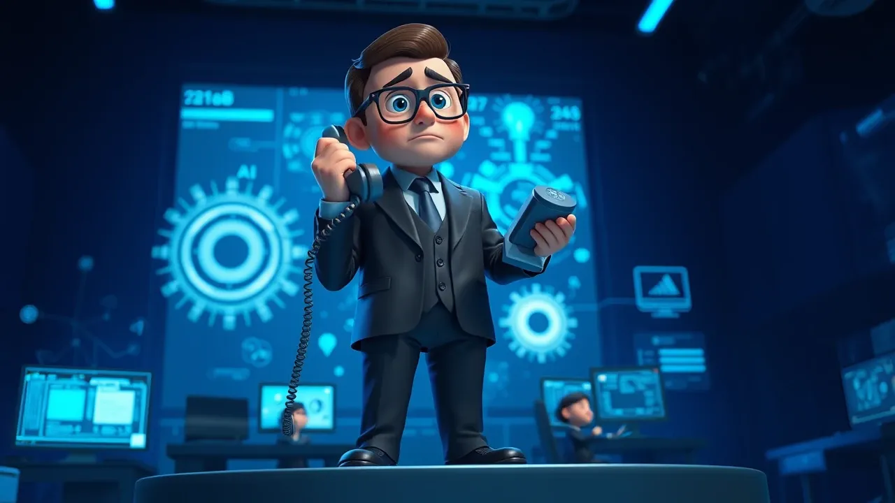 CEO cartoon Pixar no topo de plataforma elevada com telas holográficas de IA ao redor intocadas, expressão de leve arrependimento, iluminação blue elétrica dramática