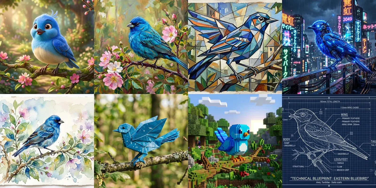 O mesmo pássaro azul gerado por IA em oito estilos diferentes: Pixar 3D, óleo, cubismo, cyberpunk, aquarela, origami, voxel e blueprint.