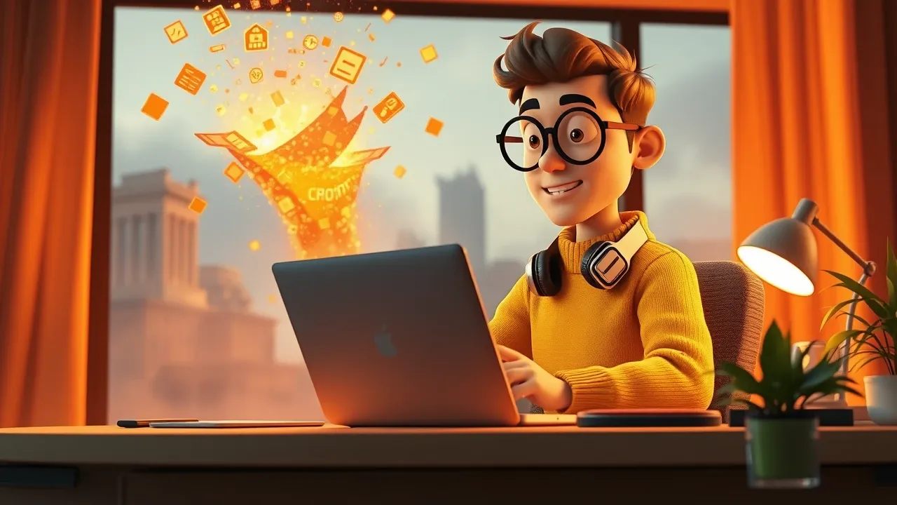 Personagem cartoon em pose heroica cercado por tornado de partículas de código laranja brilhantes, com prédios antigos se dissolvendo ao fundo.
