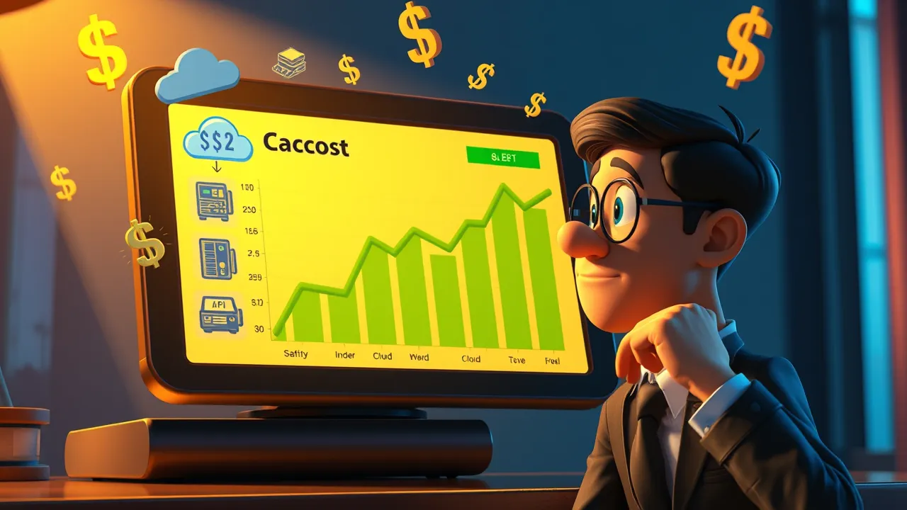 Representação de calculadora digital mostrando custos de infraestrutura de IA com ícones de servidor e nuvem em ambiente tecnológico