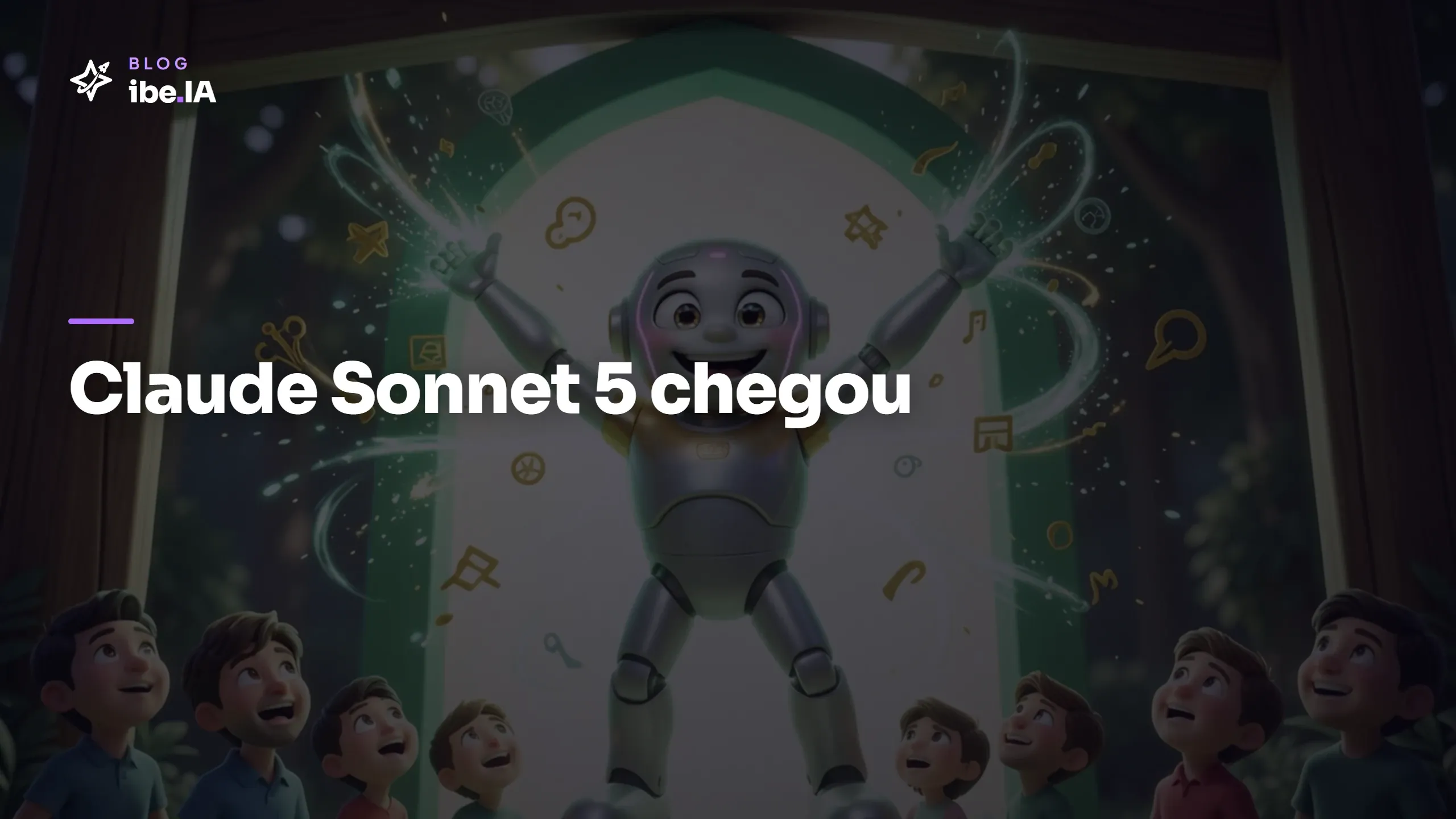 Uma IA robô Pixar 3D explodindo por uma porta de luz esmeralda, braços levantados em celebração, humanos ao redor olhando com admiração