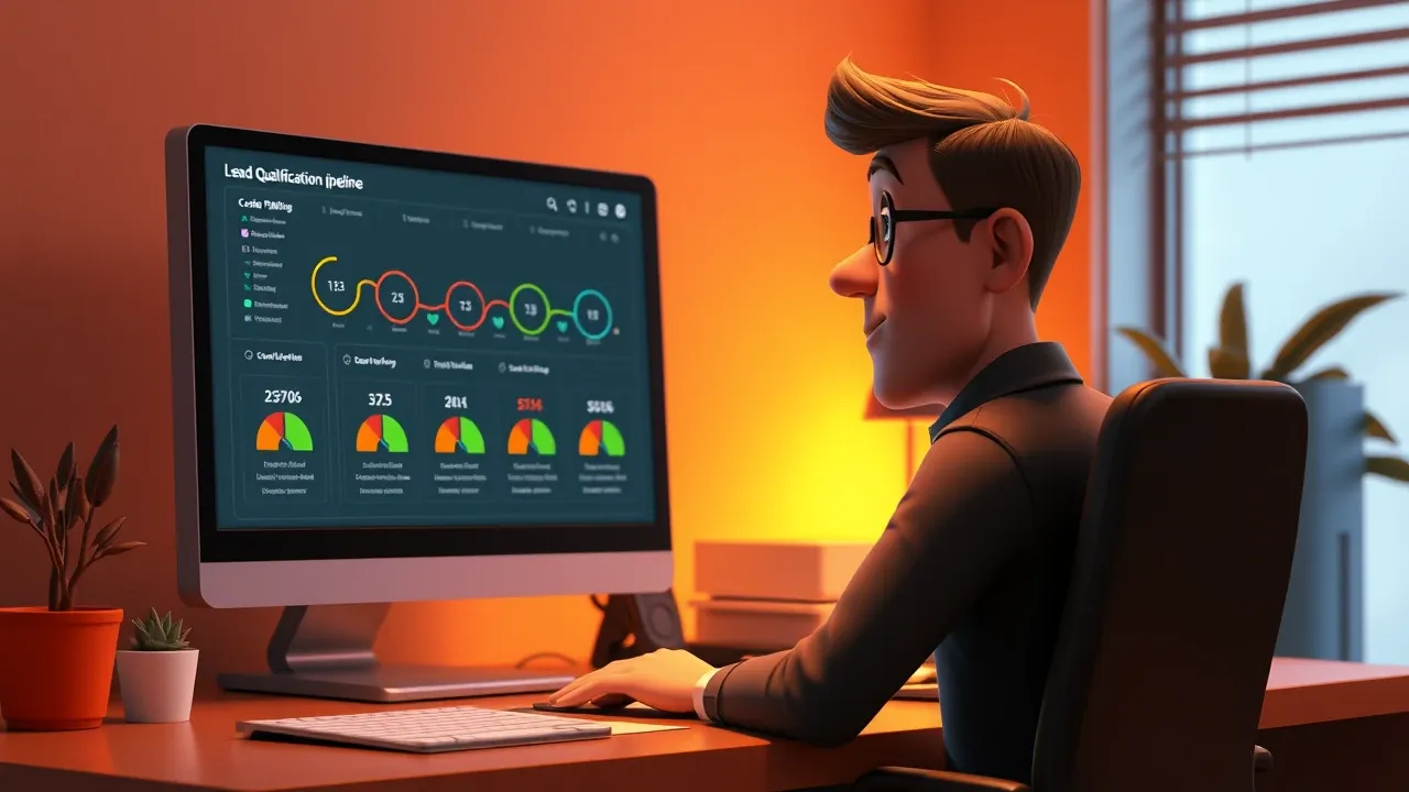 Profissional analisando pipeline de qualificação de leads com inteligência artificial em dashboard de CRM corporativo
