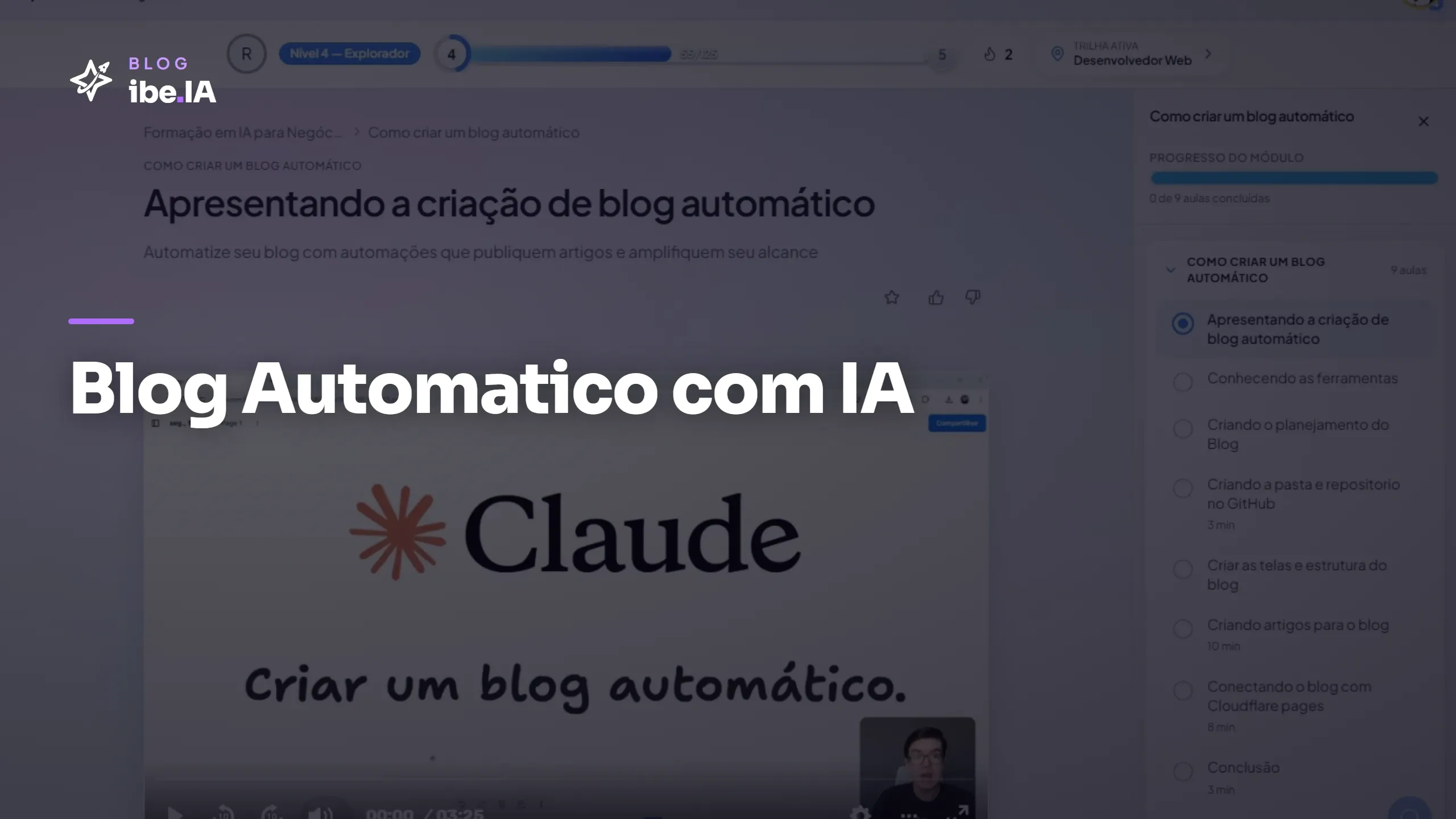 Capa do módulo Blog Automático com IA na Formação em IA para Negócios do ibe.IA com o índice das 9 aulas no painel lateral.