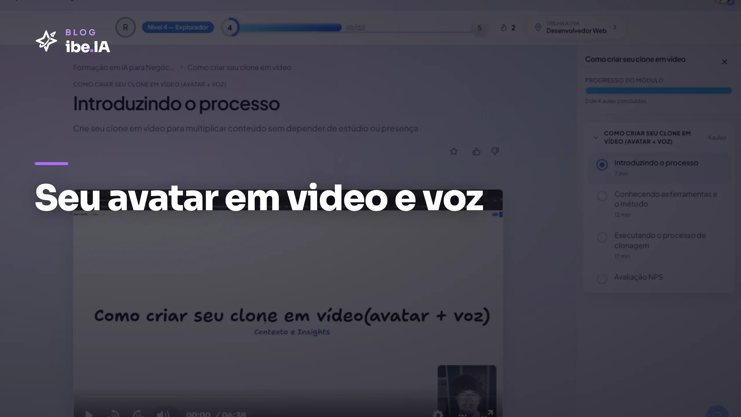 Capa do módulo Clone IA em Vídeo na plataforma do ibe.IA com o player de vídeo e o índice de 4 aulas no painel lateral direito.