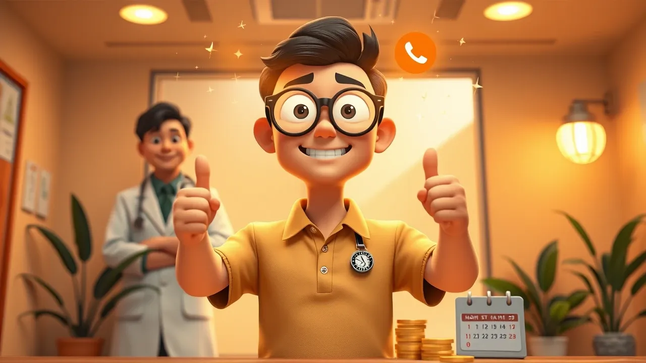 Gustavo cartoon segurando um holograma de chat WhatsApp brilhante em frente a uma clínica médica, com um médico ao fundo dando o joinha.