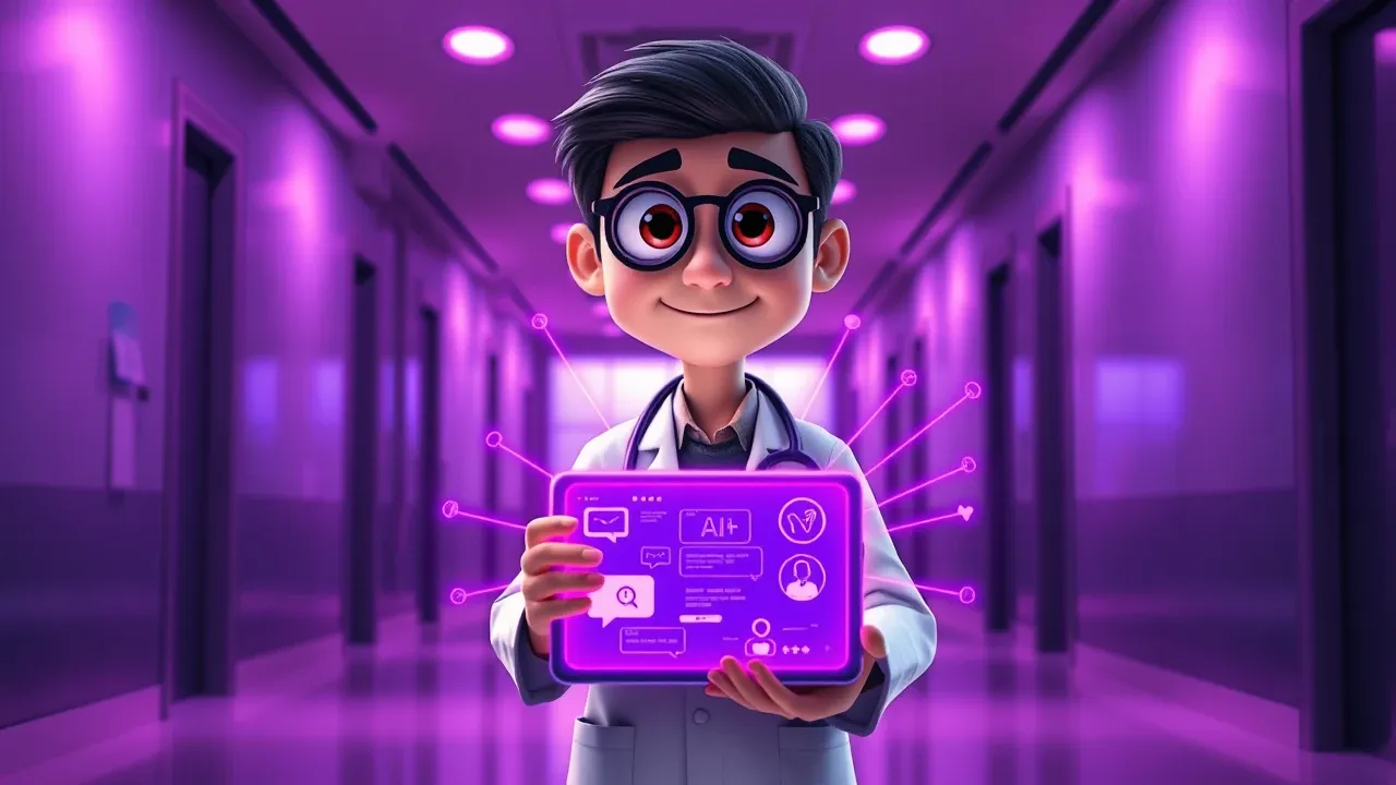 Personagem Pixar 3D de médico com jaleco branco, expressão confiante, segurando tablet com interface de IA brilhando em violeta, ambiente clínico clean com luz dramática