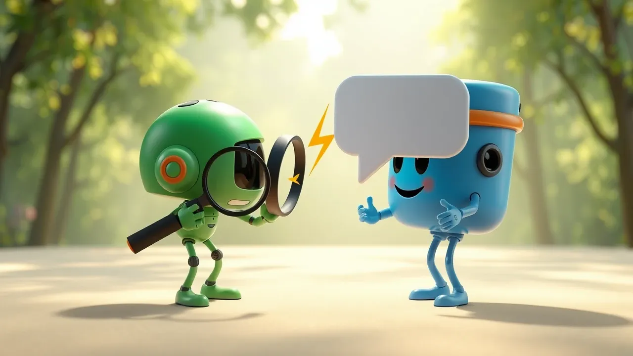 Dois personagens AI cartoon Pixar em posição de rivalidade amistosa, um com lupa e outro com balão de fala, arena dividida ao meio, luz emerald verde dramática