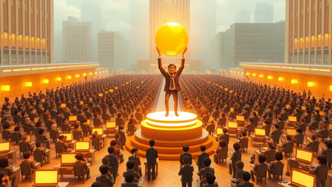 Vista aérea de uma multidão de pequenos personagens em estilo Pixar 3D olhando confusos pra laptops escuros, enquanto um único personagem no centro ergue uma esfera brilhante alaranjada.