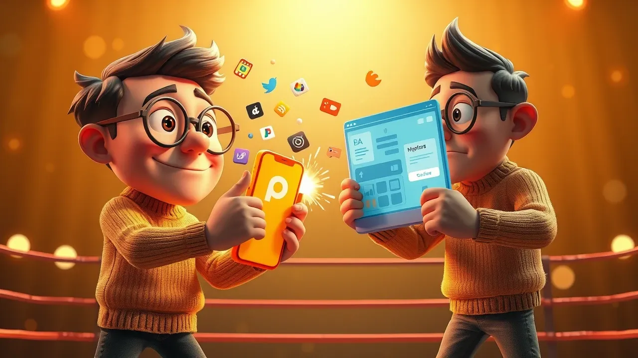 Dois personagens cartoon em pose teatral comparando duas ferramentas de criar aplicativo, um com smartphone e outro com navegador.