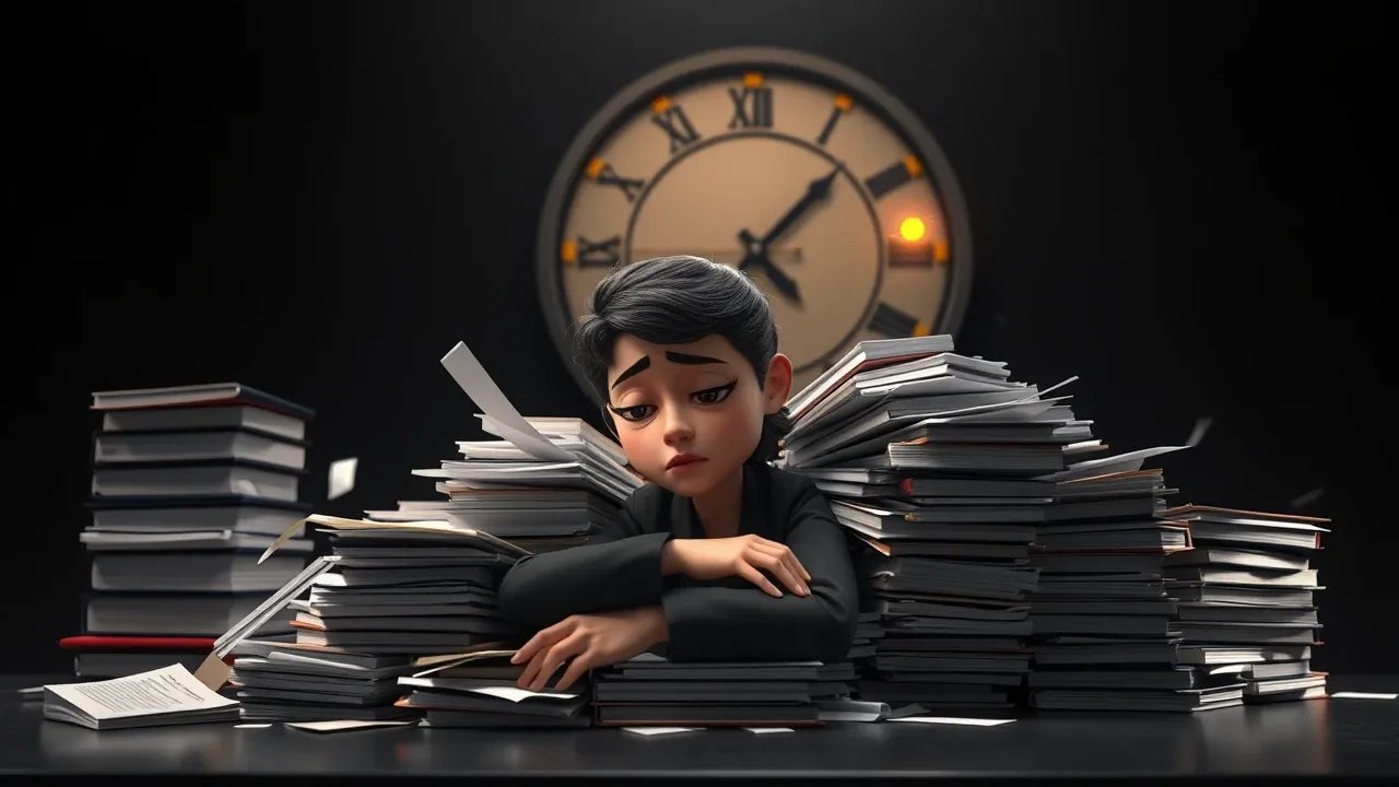 Personagem cartoon Pixar em frente a pilha de papéis e anotações de reunião, expressão de cansaço, luz dramática charcoal com acento laranja