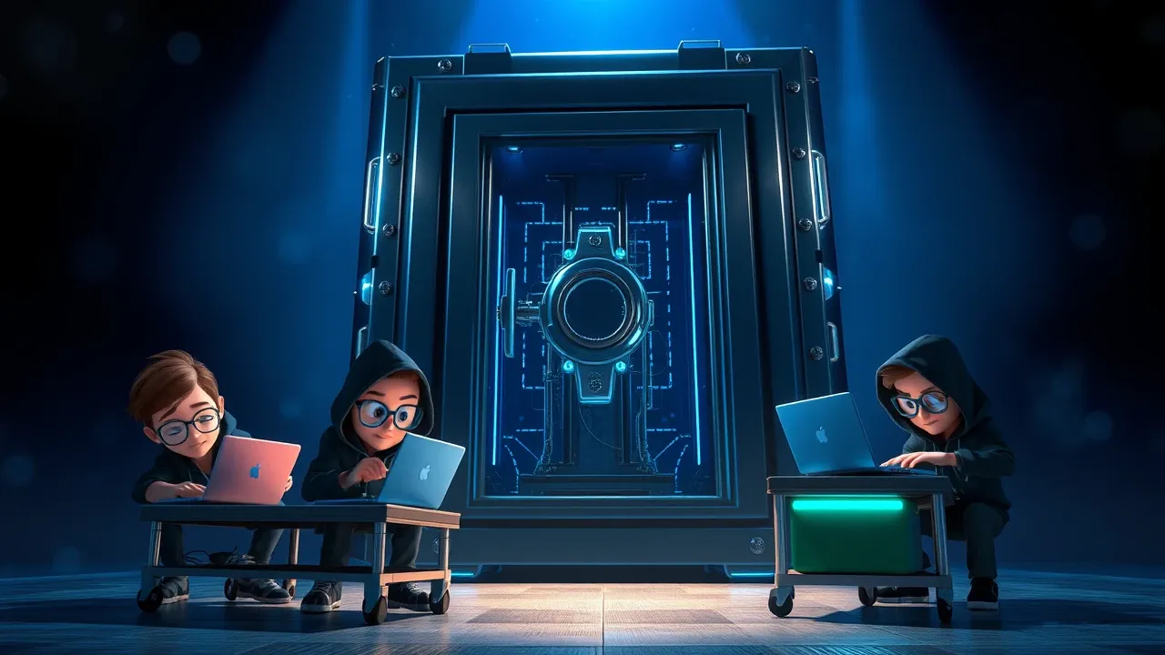 Personagem Pixar 3D tentando roubar capacidades de uma IA gigante blindada com luzes azuis elétricas