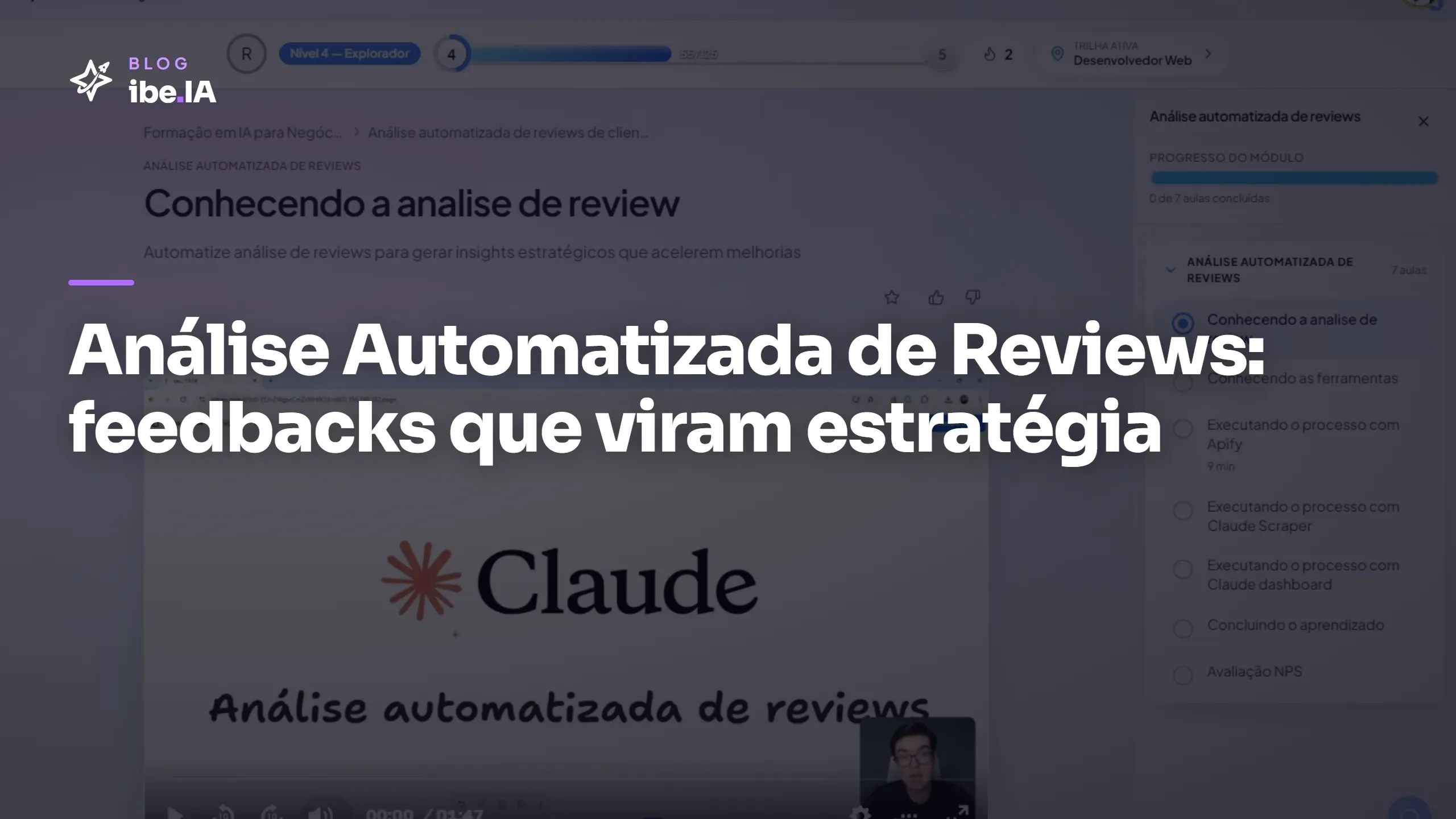 Capa do módulo Análise de Sentimento em Feedbacks na plataforma do ibe.IA com a primeira aula e o índice das 7 aulas.