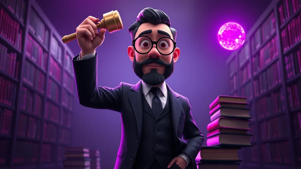Advogado cartoon Pixar em biblioteca jurídica com orbe de IA glowing violet, documentos voando em slow motion, luz violeta dramática