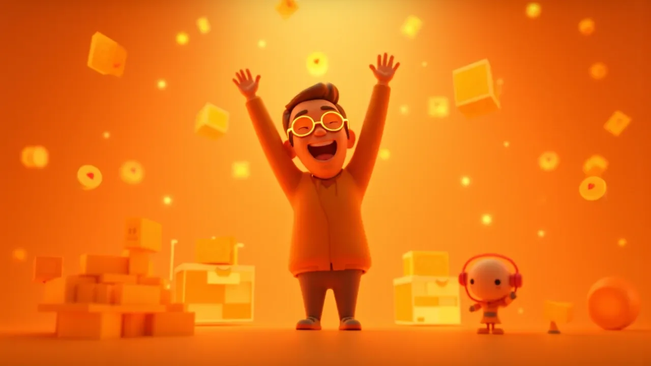 Loja virtual com IA processando dados de clientes em tempo real, ilustração Pixar 3D com tons laranja e dourado