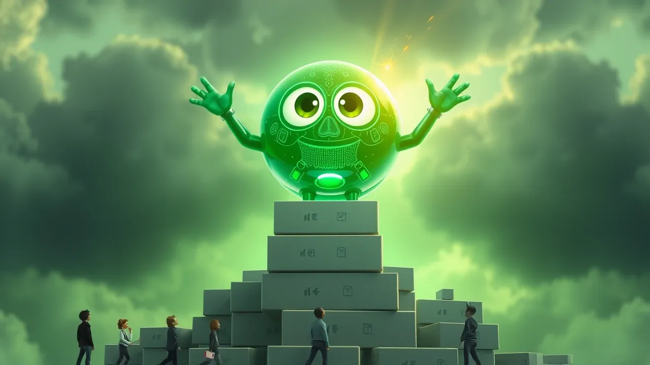 Computador portátil com tela brilhante mostrando dashboard de SaaS, cercado por blocos de construção flutuantes e engrenagens douradas em estilo Pixar 3D