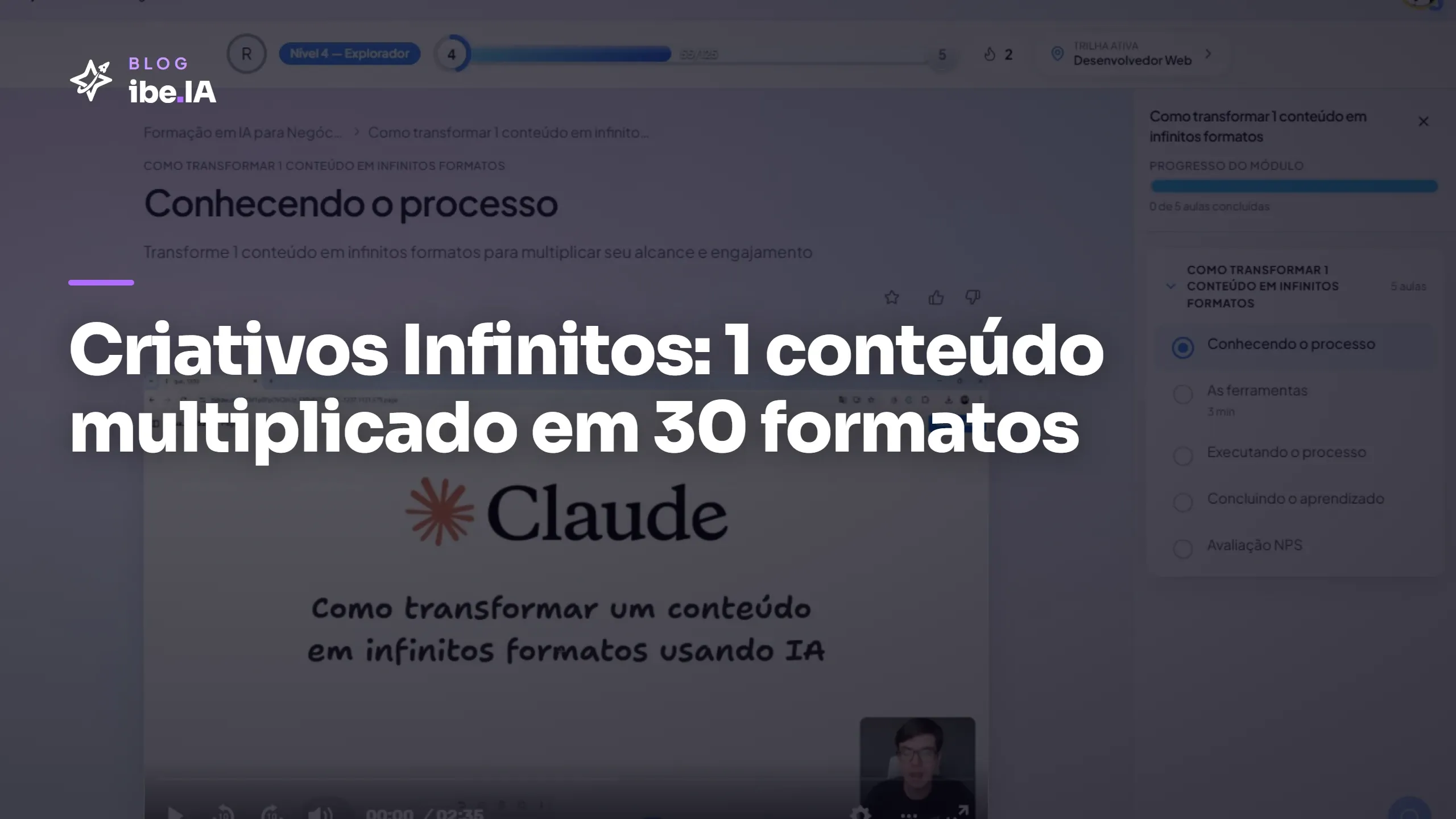 Capa do módulo Criativos Infinitos na plataforma do ibe.IA com a primeira aula selecionada e o índice lateral.