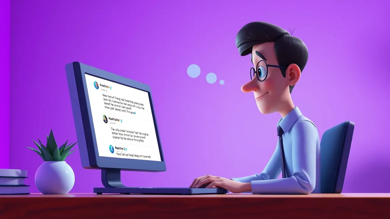 Profissional analisando mensagens de follow-up comercial no computador buscando evitar comunicação automatizada e impessoal com clientes