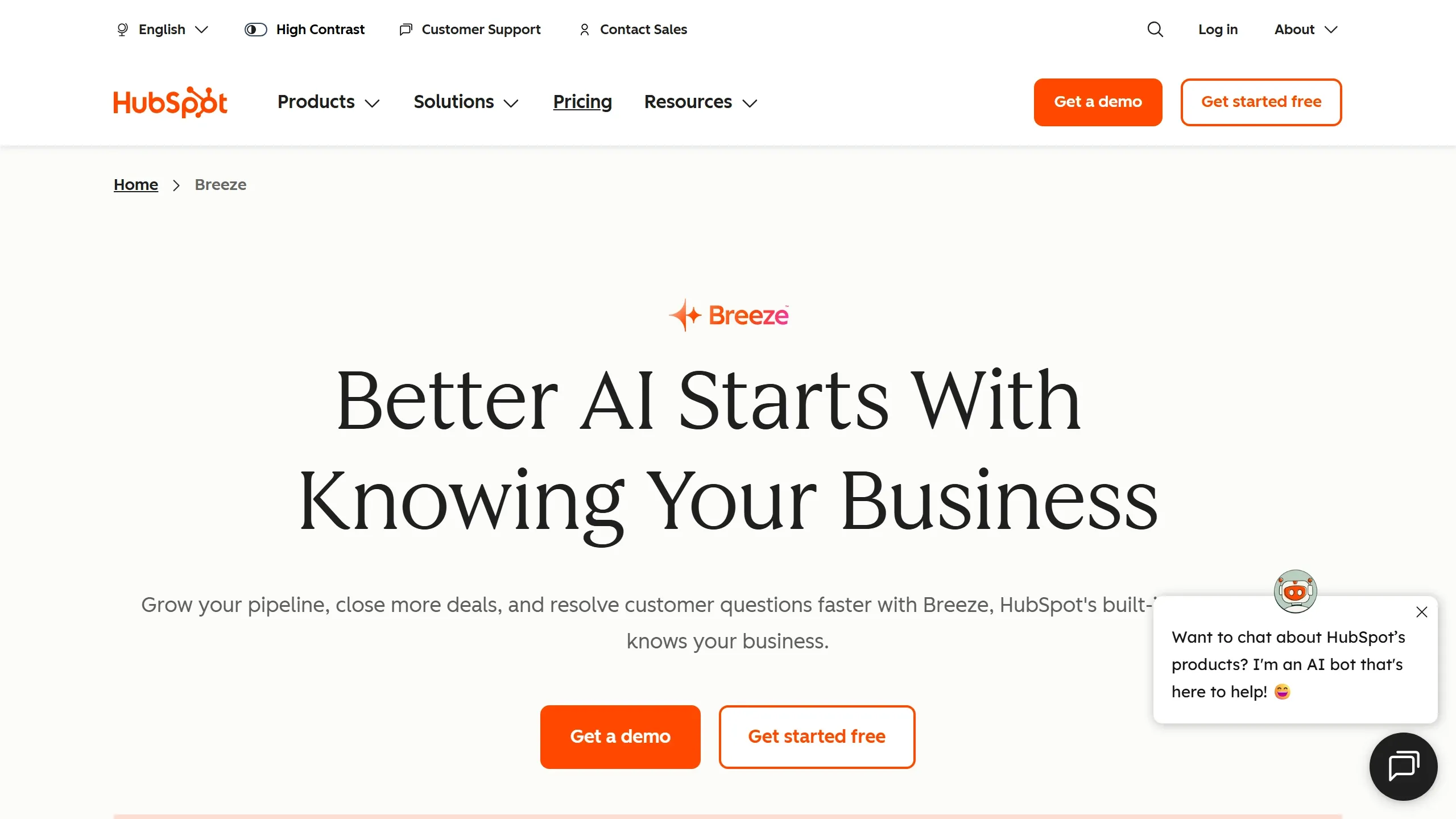 Tela do HubSpot Breeze com o Copilot e os agentes de IA em ação