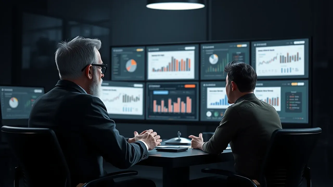 Mentor e equipe empresarial em videoconferência discutindo implementação de IA