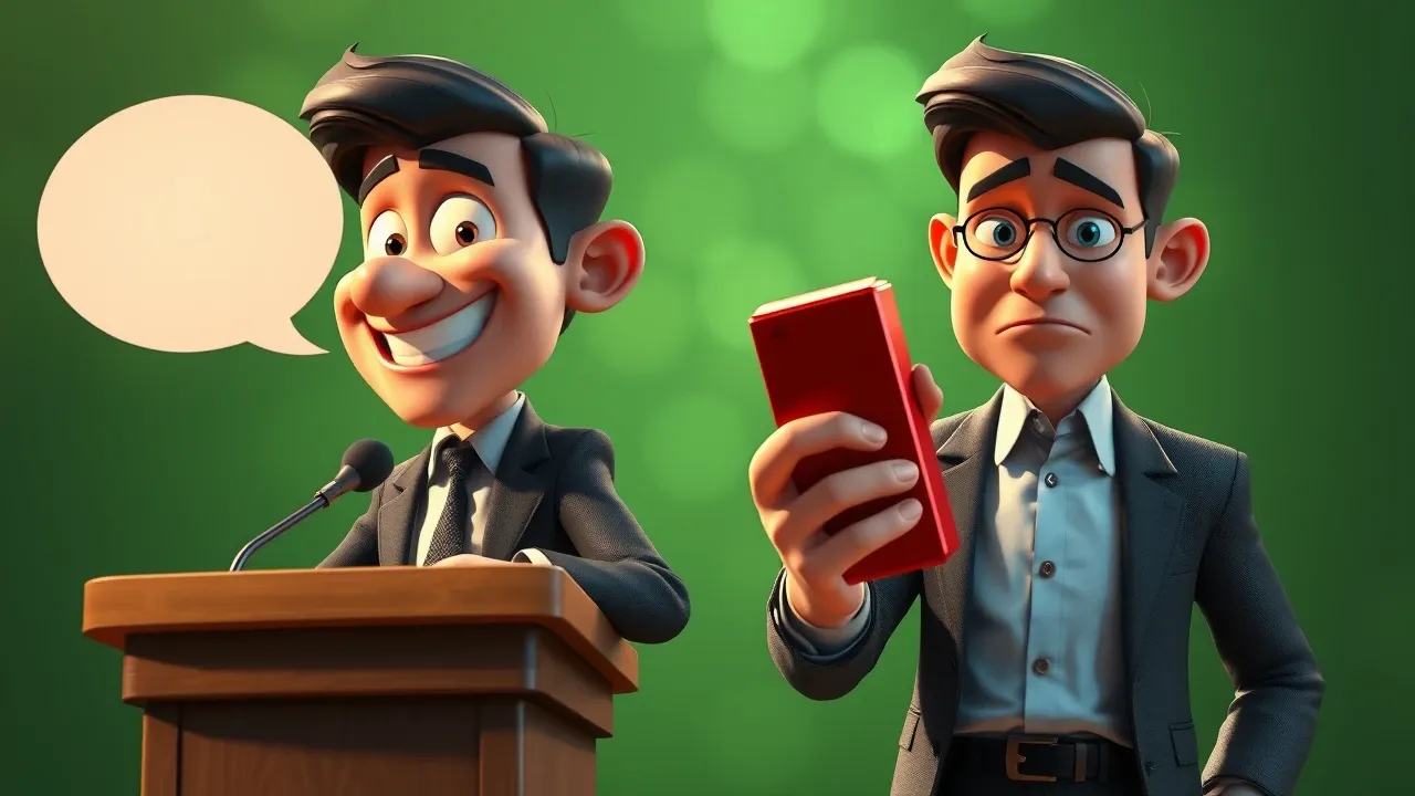 Cena Pixar 3D cômica com executivo confiante fazendo crítica de um lado, e o mesmo personagem fazendo exatamente o que criticou do outro, luz esmeralda, expressão culpada