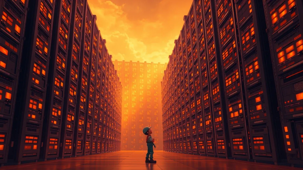 Data center de IA imenso com fileiras de servidores brilhando em laranja se estendendo até o horizonte, escala dramática