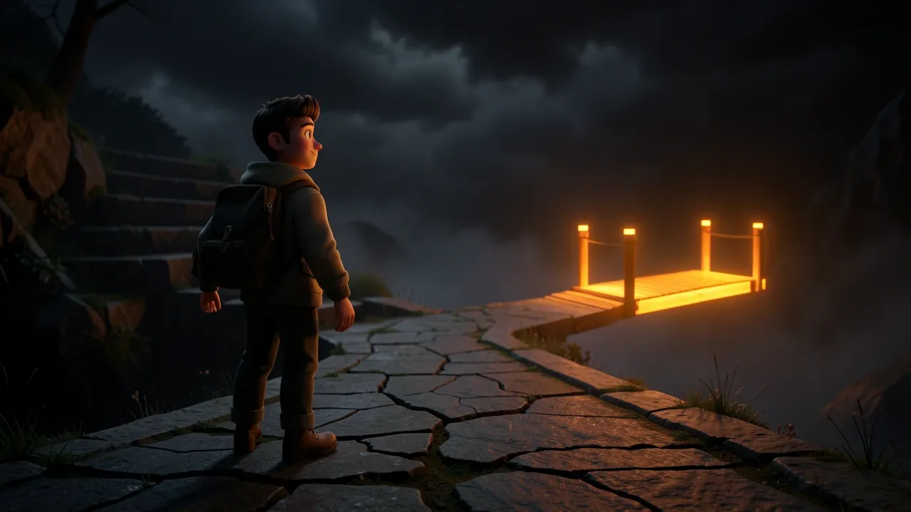 Personagem em encruzilhada entre caminho antigo e ponte iluminada