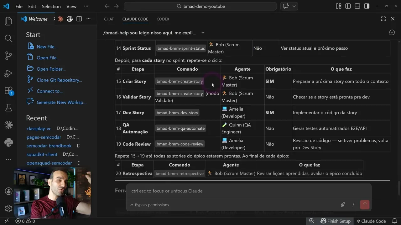 Cursor com tabela do sprint: criação e validação de stories, geração de testes e revisão de código