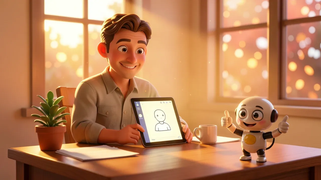 Dono de empresa confiante em mesa simples com tablet mostrando assistente de IA, luz quente da manhã entrando pela janela, estilo Pixar 3D