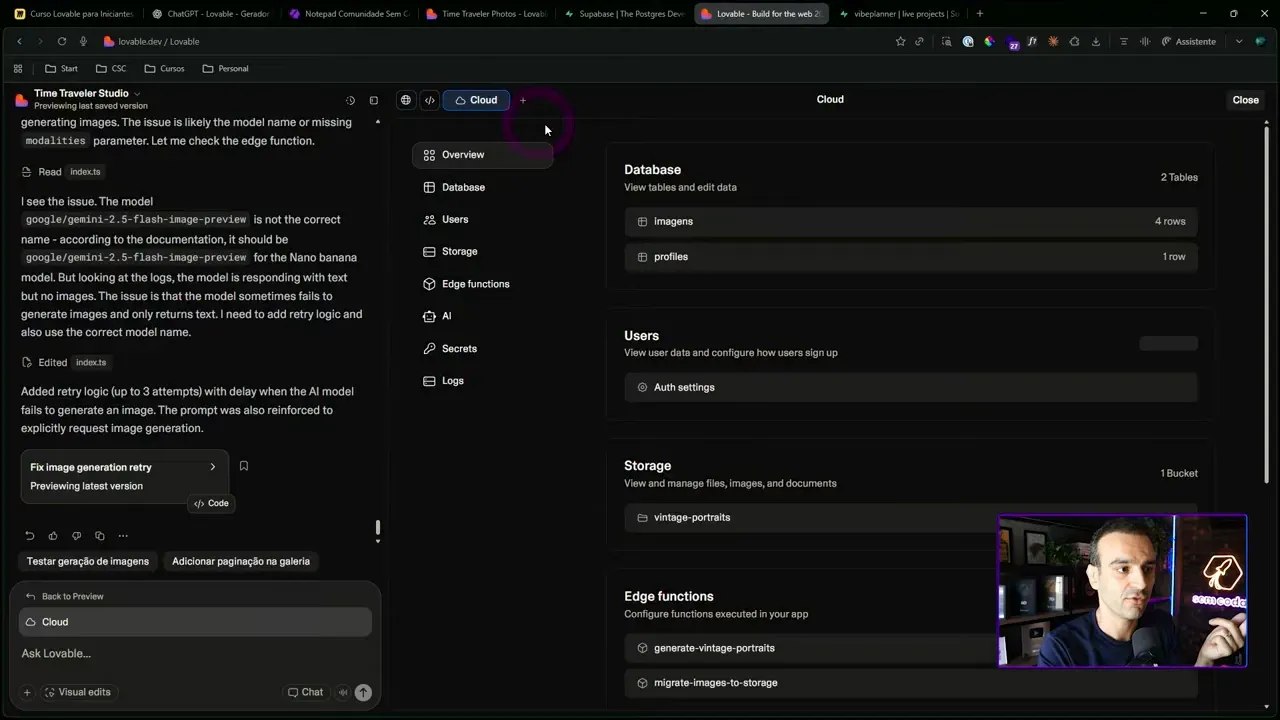 Tela do Lovable Cloud mostrando Database, Users, Storage e Edge functions integrados