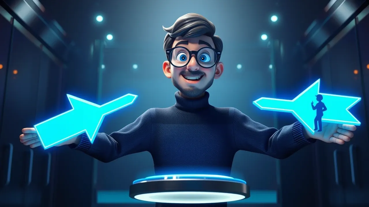 Personagem Pixar 3D com óculos grandes, braços abertos segurando setas holográficas azuis e cyan apontando pra dois lados: comprador de um lado e vendedor do outro: sobre uma plataforma flutuante em ambiente naval escuro