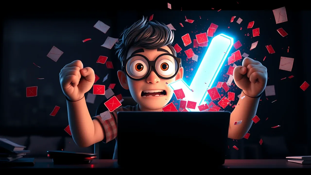 Personagem Pixar em êxtase ao ver erros de código sendo capturados na tela antes de escapar