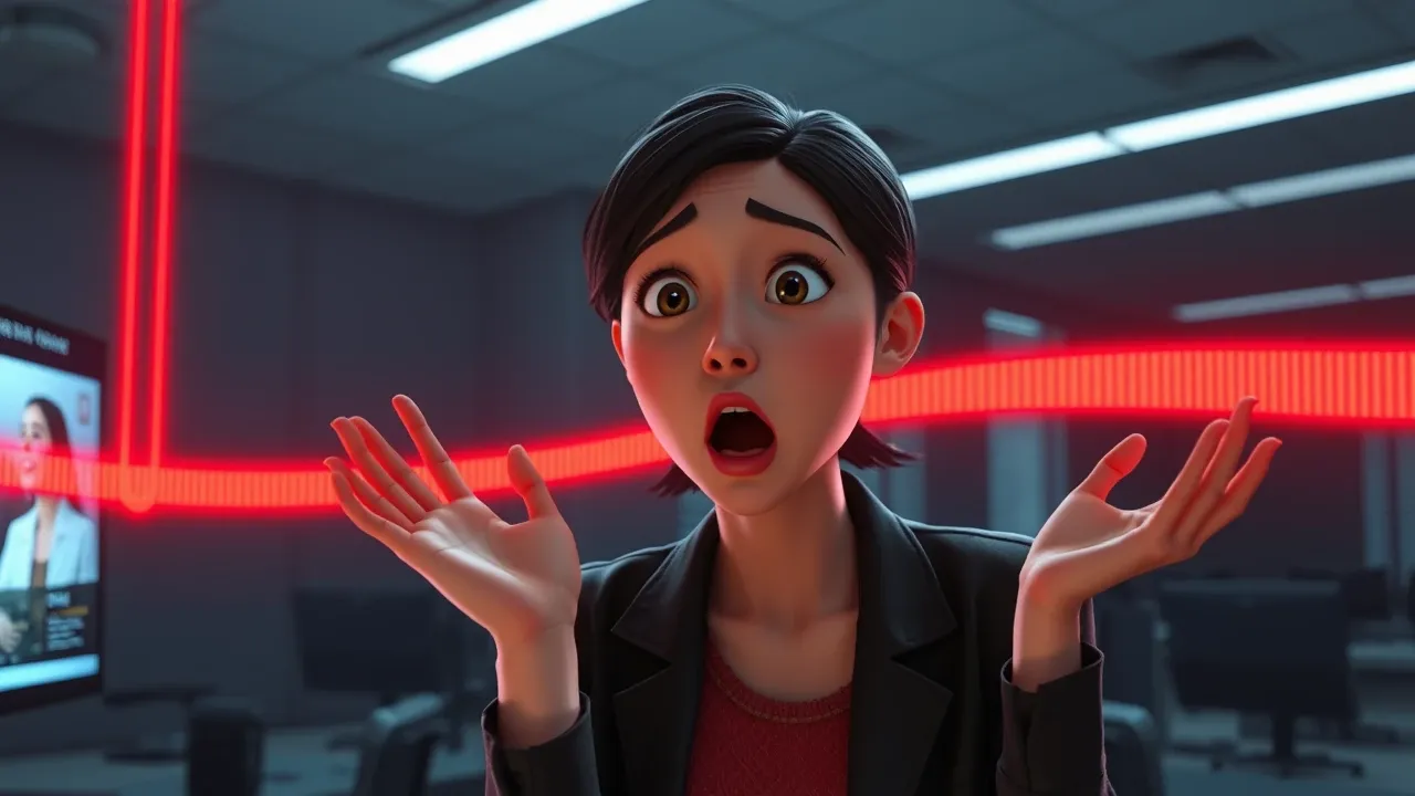 Personagem com expressão de choque ao descobrir o anúncio cortado pela linha de limite de caracteres