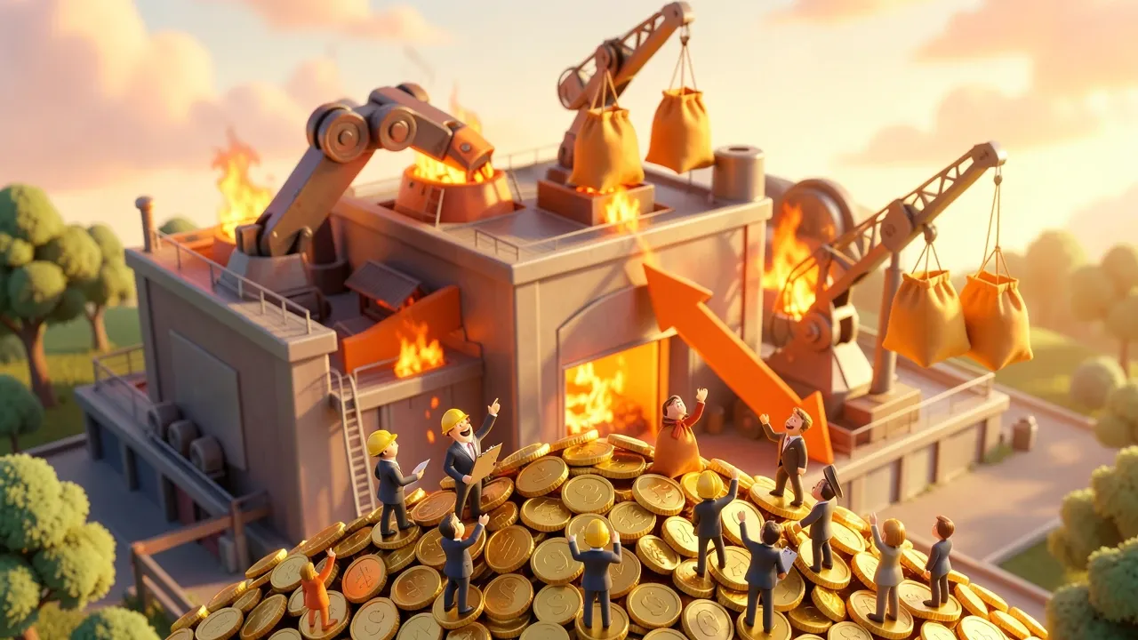 Vista aérea teatral de cofre enorme de moedas douradas sendo investido em fábrica de robôs de IA, estilo Pixar 3D, tons laranja e âmbar quentes