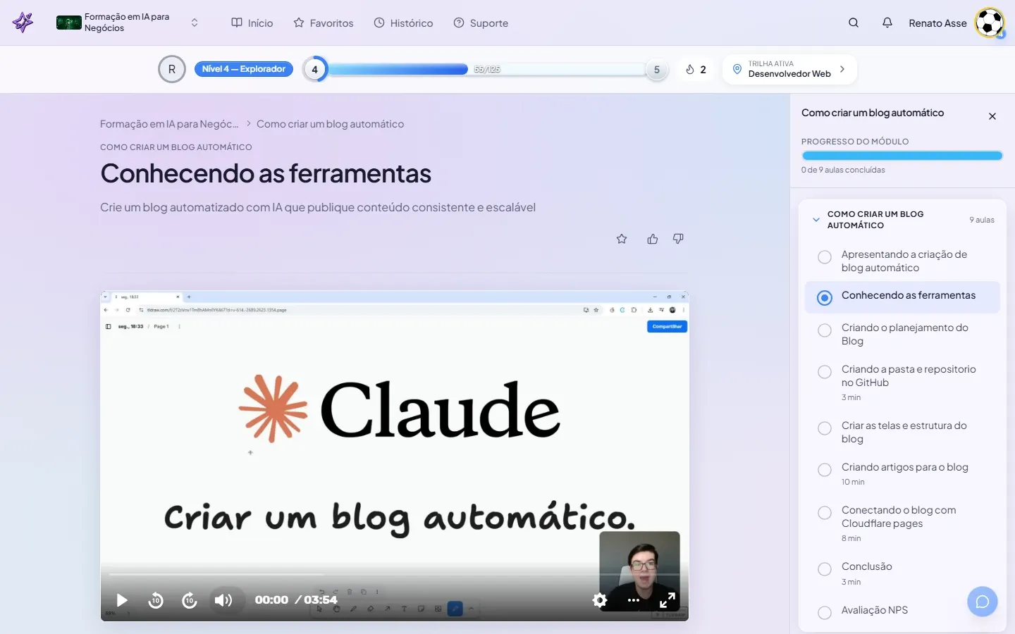 Aula de ferramentas do módulo Blog Automático com IA mostrando as tecnologias usadas ao longo do curso no ibe.IA.
