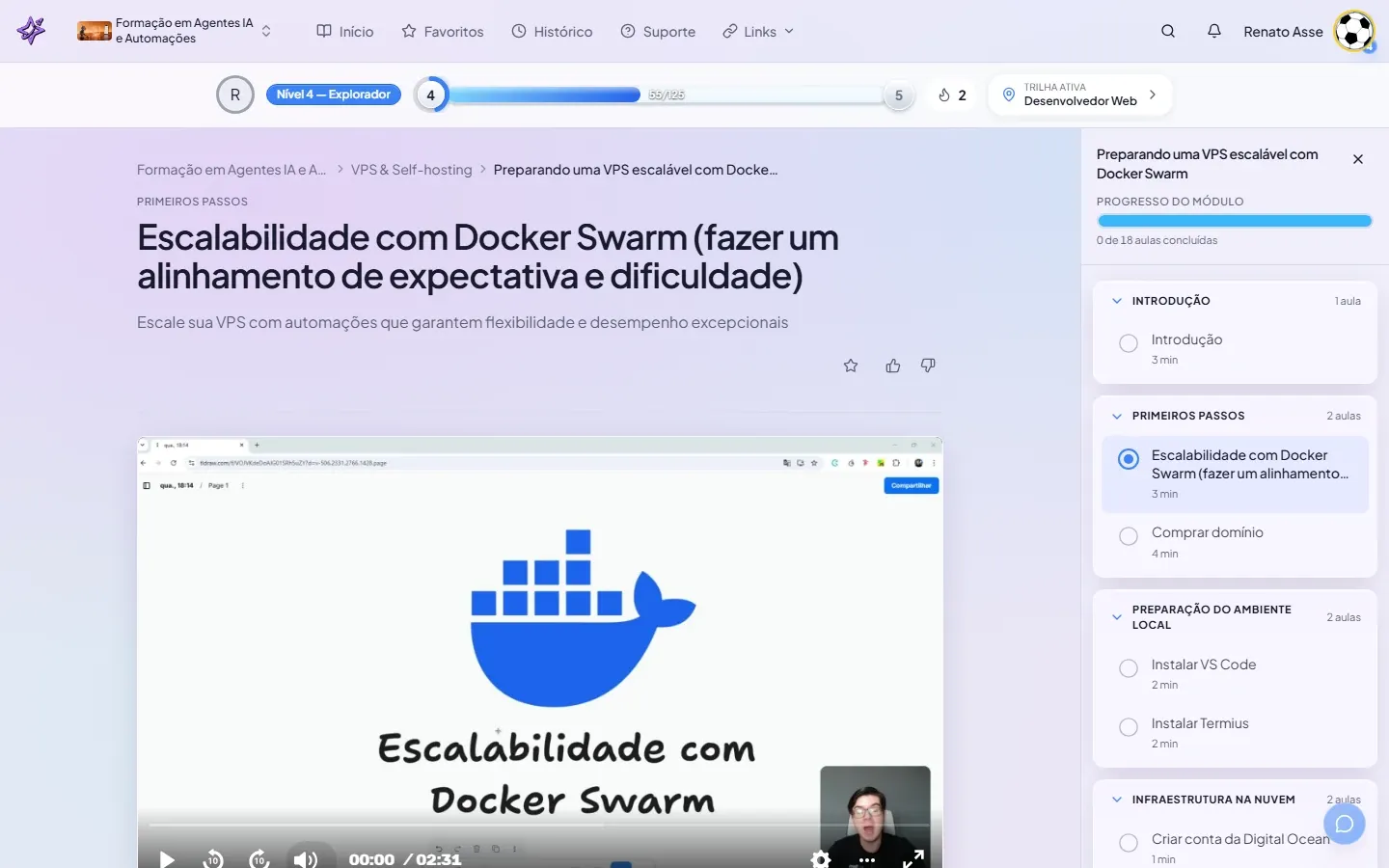 Captura da plataforma ibe.IA mostrando a estrutura do módulo de VPS escalável com Docker Swarm