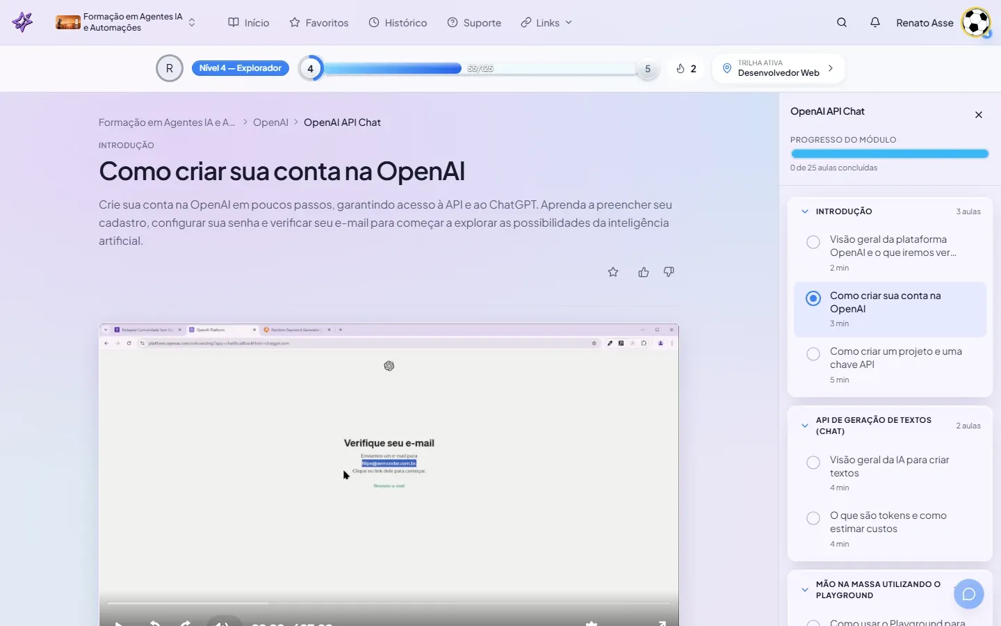Primeira aula do módulo OpenAI API Chat com o player de vídeo e o índice lateral mostrando todos os blocos do módulo.