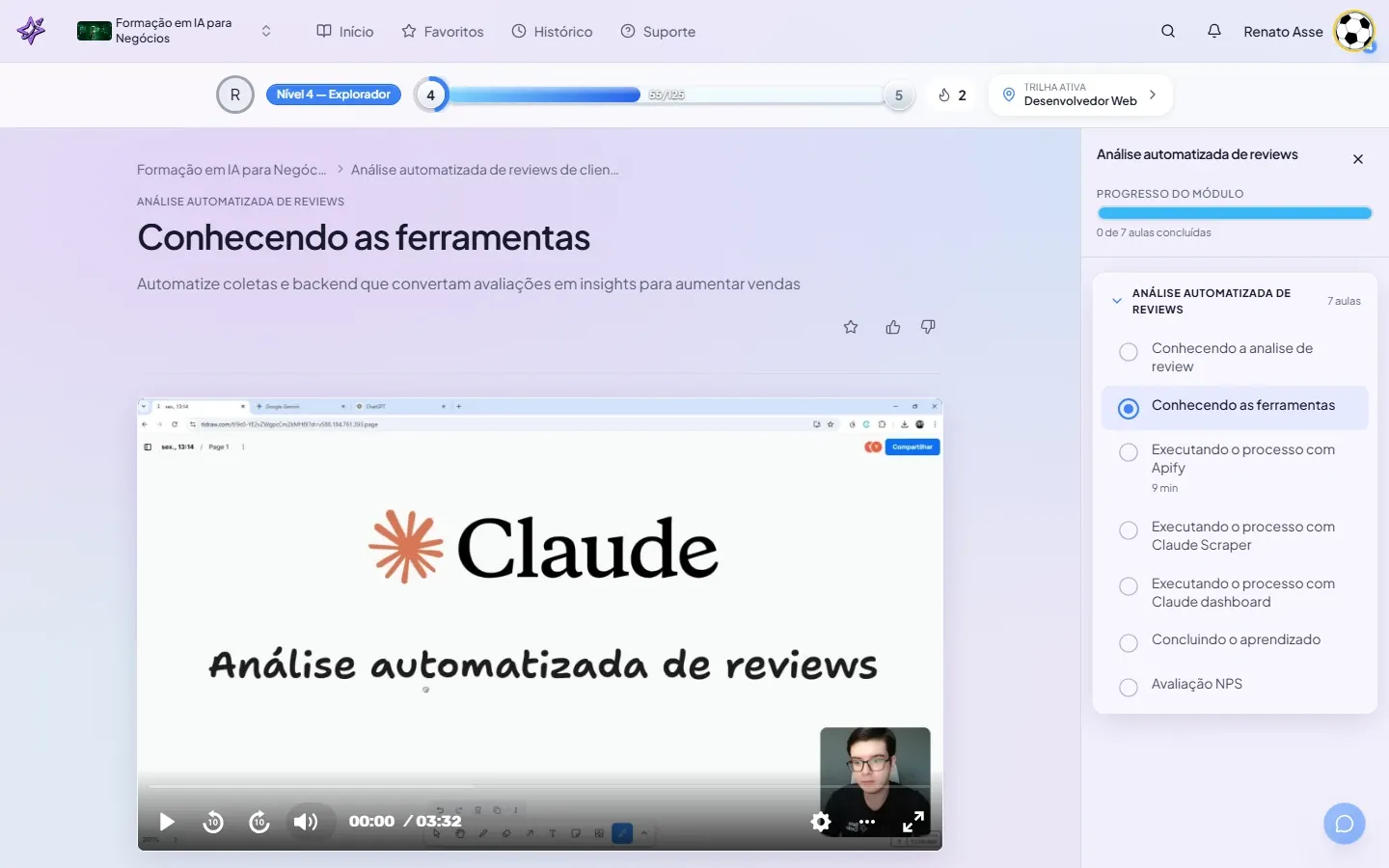 Primeira aula do módulo Análise de Sentimento em Feedbacks com o player de vídeo e o índice das 7 aulas no painel lateral.