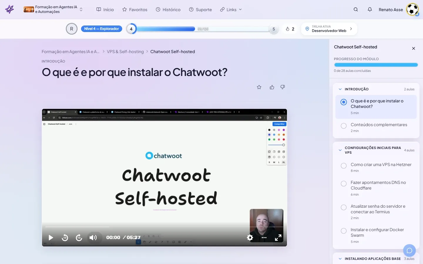Print da primeira aula do módulo Chatwoot Self-hosted