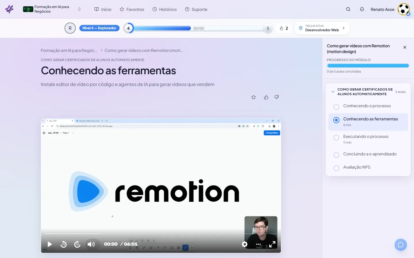Segunda aula do módulo Vídeos com Remotion mostrando o ambiente de desenvolvimento com o player de vídeo e o índice de ferramentas no lateral.