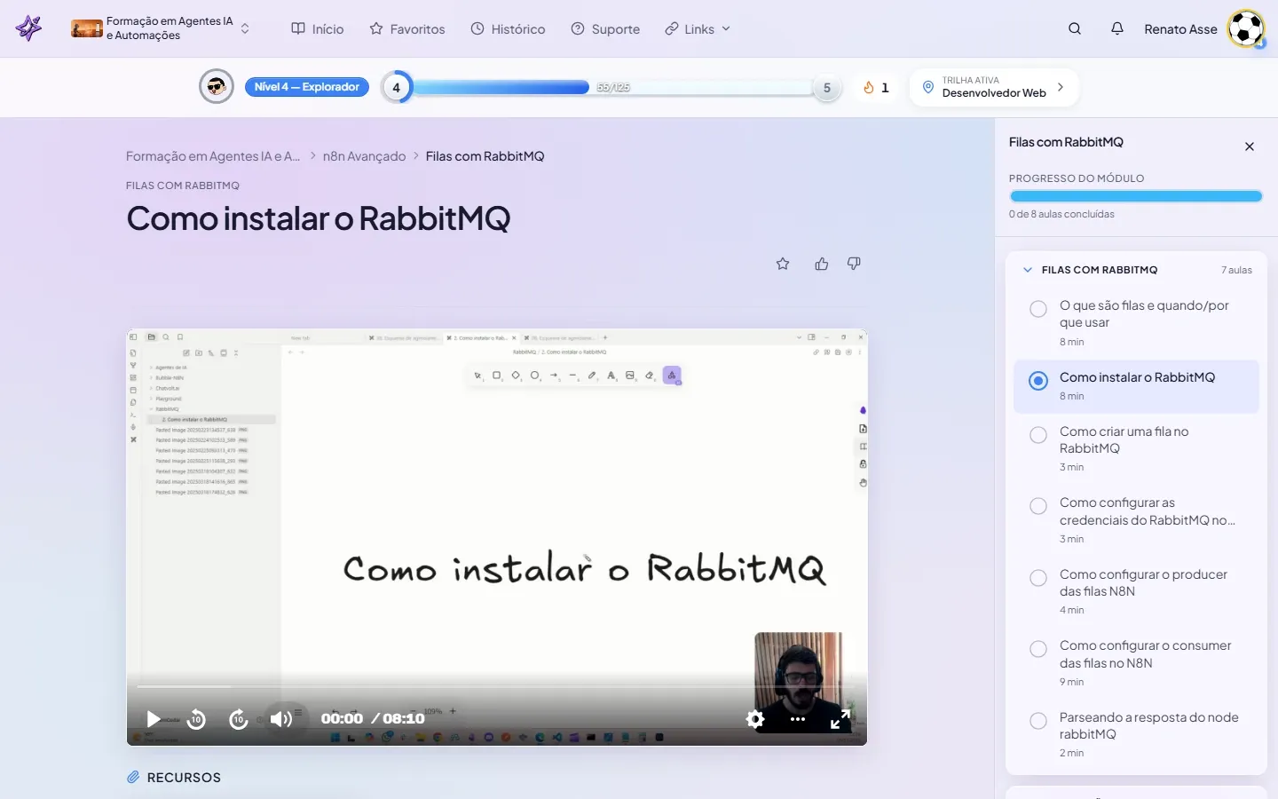 Print da aula inicial do módulo de Filas com RabbitMQ no n8n mostrando a interface da plataforma do ibe.IA
