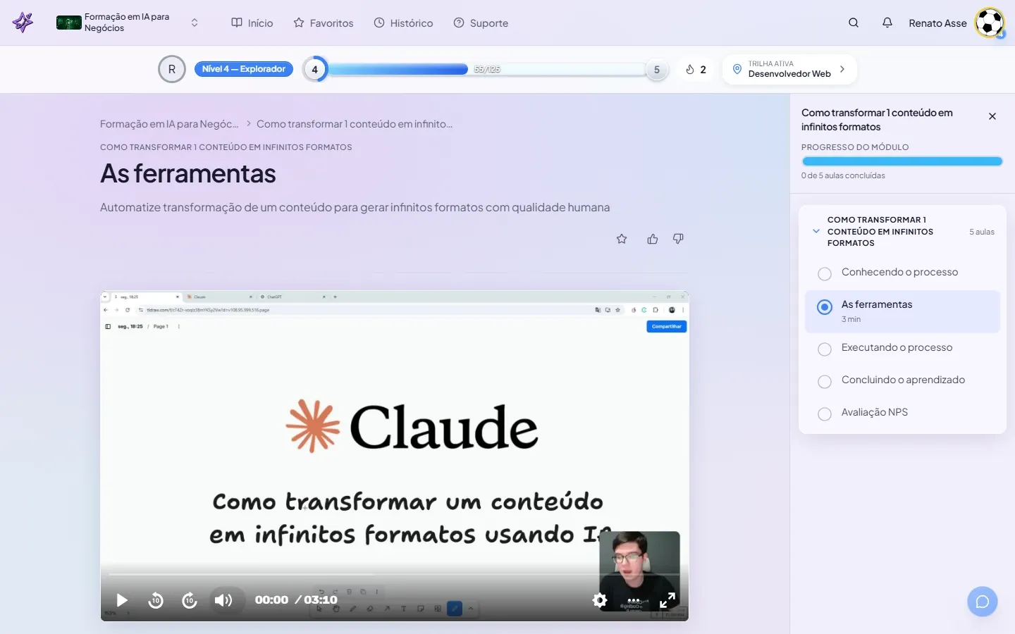 Primeira aula do módulo Criativos Infinitos mostrando o player de vídeo e o painel com o progresso do módulo.