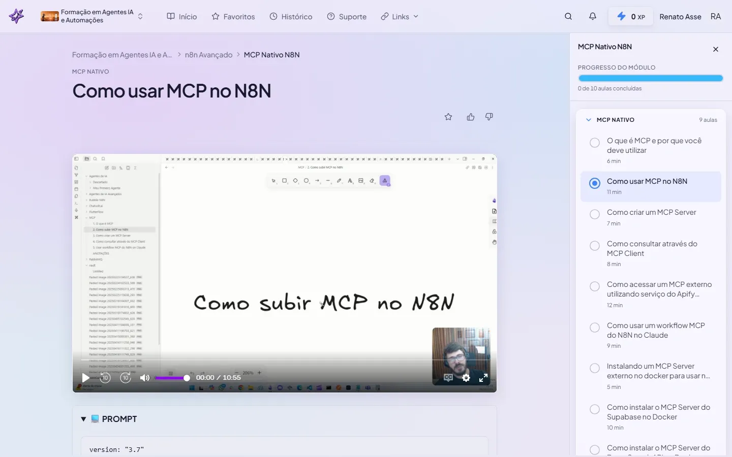 Segunda aula do módulo MCP Nativo N8N, mostrando a aula Como usar MCP no N8N com título manuscrito na tela