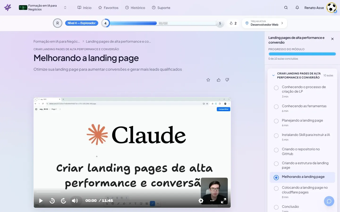 Aula de melhorias da landing page com IA no módulo Landing Pages de Alta Conversão na plataforma do ibe.IA.