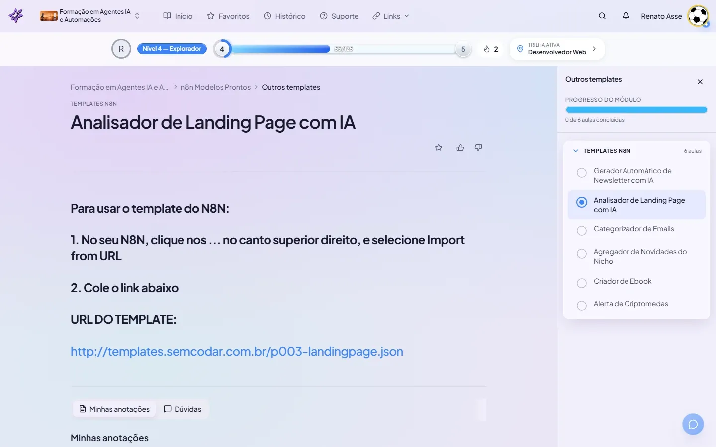 Segundo template do módulo Outros Templates, o Analisador de Landing Page com IA, na plataforma do ibe.IA.