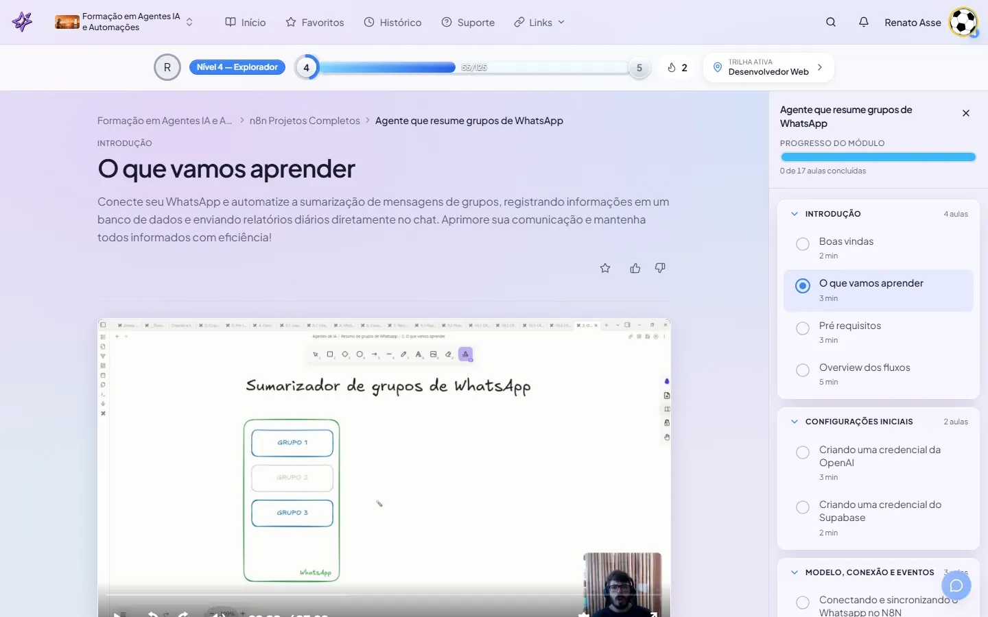 Captura da plataforma ibe.IA mostrando a estrutura do módulo de resumo de grupos de WhatsApp