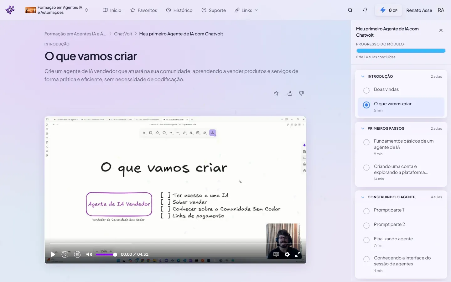 Sumário do módulo Meu Primeiro Agente IA com ChatVolt no curso ibe.IA, com 14 aulas organizadas em 6 blocos